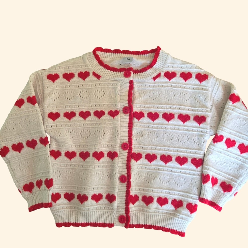 Tu Kids White Red Heart Knit Cardigan Sweater Scalloped Trim Size 3-4 Years